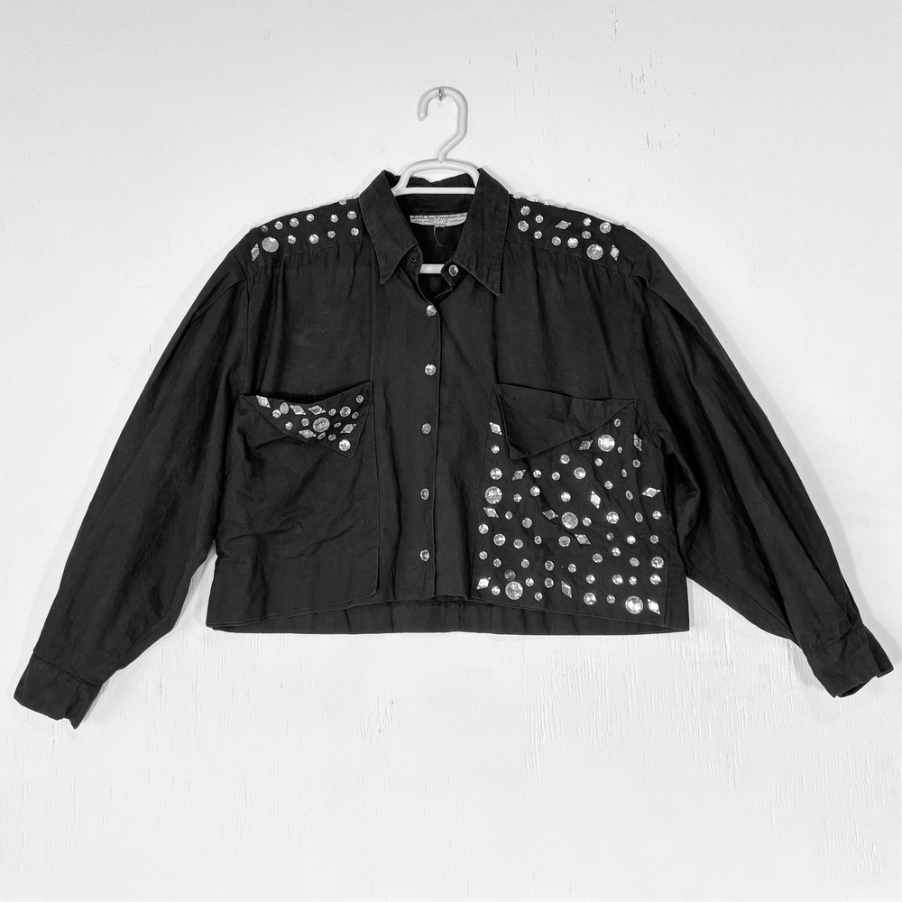 VTG 80s Judith Ann‎ Creations Black Rhinestone Western Shirt Womens M Rodeo